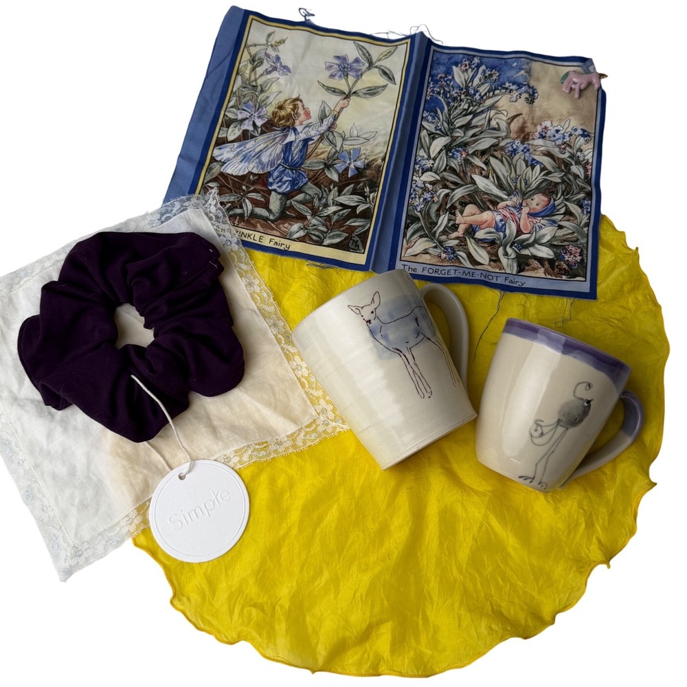 Artisan Textile & Ceramic Gift Lot – Silk Fabric, Handmade Mugs + Scrunchie
